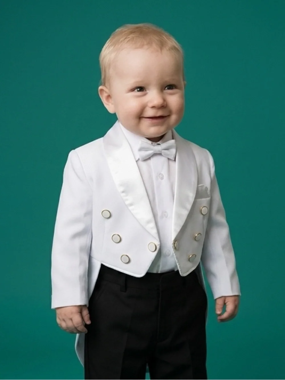 Classic White Tuxedo One-Piece for Kids with Bow Tie